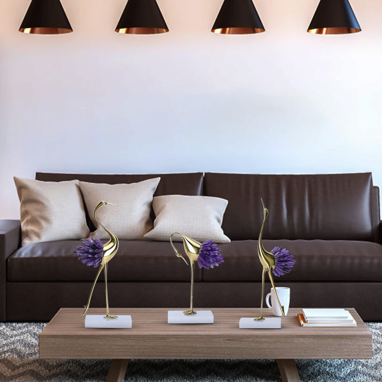 Modern Luxury Golden Crystal Copper Crane Ore Animal Birds Statue Home Decoration Accessories Living Room Soft TV Cabinet Wine Cabinet Decor (Purple-B)