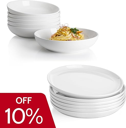 Sweese Juego de 6 cuencos de pasta de 22 onzas para ensalada y postre redondos de 10 pulgadas + 6 platos redondos de ensalada de postre de 10