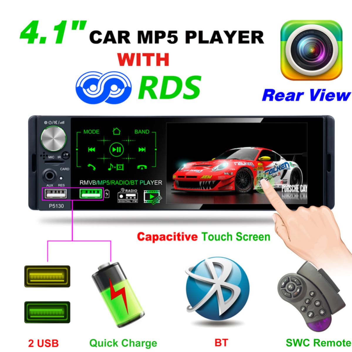 Artibetter Lecteur Mp5 Tuner FM Intégré Écran Tactile Capacitif pour Voiture 4,1 Pouces Puissance Maximale 50w X 4, Boîtier Plastique et Métal Noir
