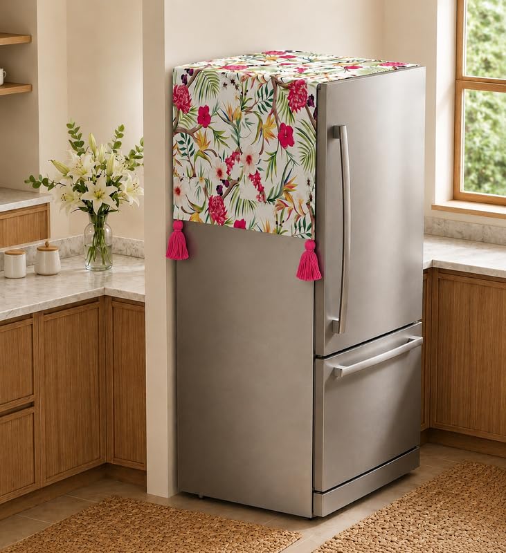 Image of WWW.THROWPILLOW.IN Fridge Top Cover with Tassels for Double Door 250-400L | Medium Size Dustproof Refrigerator Cover | Corner Tassels | Floral Print | Double Door Fridge Cover Mat