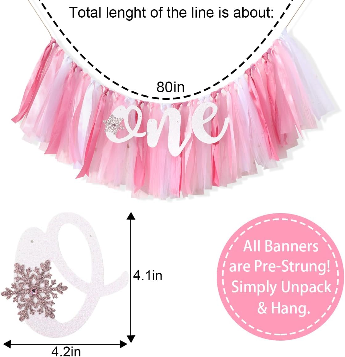 WAWUO Snowflakes One High Chair Banner - Winter Onederland Birthday Party Decorations,Frozen 1st Birthday Highchair Banner,One Pink Ribbon Snowflake Banner for Girls,High Chair Garland Party