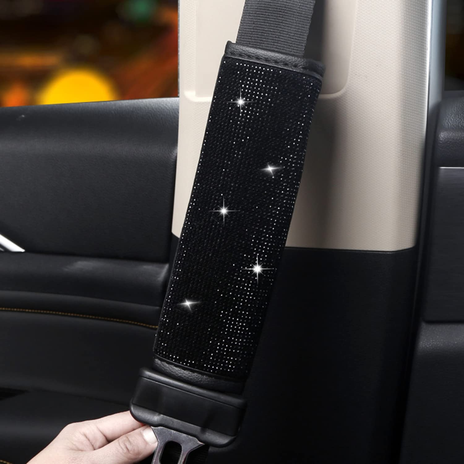 Set Di 2 Copricinture Auto In Pelle PU Con Cristalli - Accessorio Auto Donna Universale, Diamanti Neri - 2