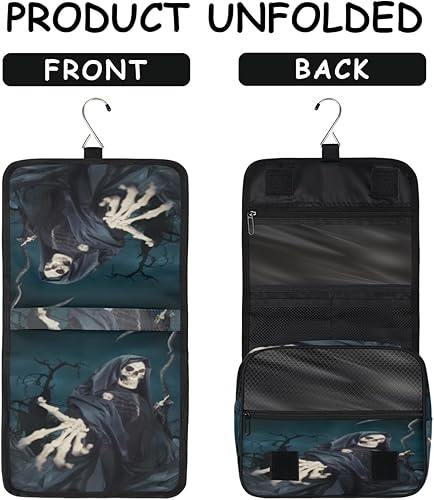 Miniatura 5 de Bolsa de aseo estilo Día de los Muertos de Calavera para mujer, organizador de maquillaje de viaje con gancho para colgar, bolsas de cosméticos de