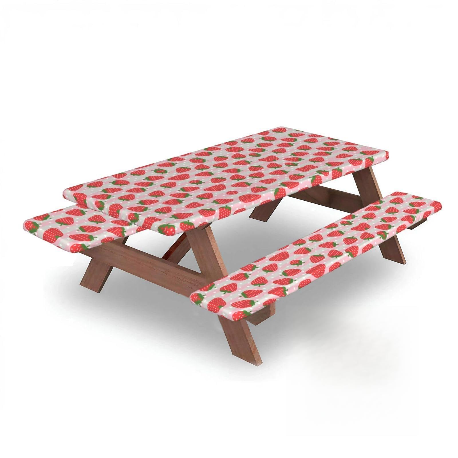 ESNAIUVCD Strawberry Print Picnic Table Cover With Bench Covers,Camping Essentials,Fitted Tablecloth Cover With Elastic Edge, For Indoor & Outdoor 3 Pcs