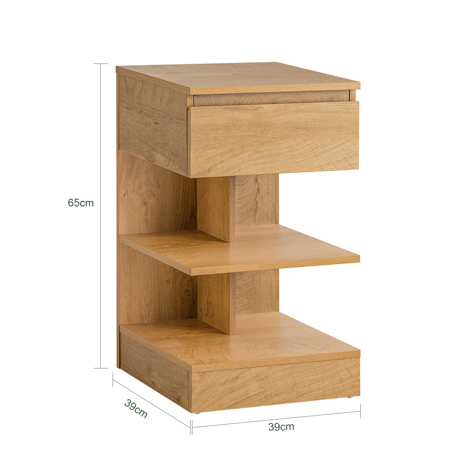 SoBuy FBT49-Nx2 zestaw 2 wąskich stolików nocnych, szafka nocna z 1 szufladą i 2 półkami, nowoczesny stolik pomocniczy, szafka do przechowywania do sypialni, 39 x 39 x wys. 65 cm, kolor naturalny