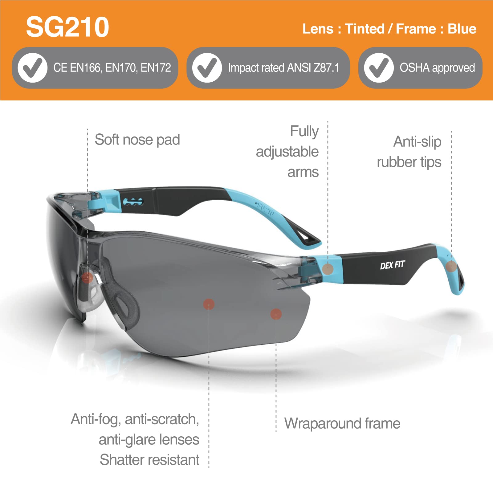 DEX FIT Safety Sunglasses SG210, Smoke Tinted, EN166 Certified, Anti-Fog & Anti-Scratch, UV Protection Sun Glare Block - Image 2