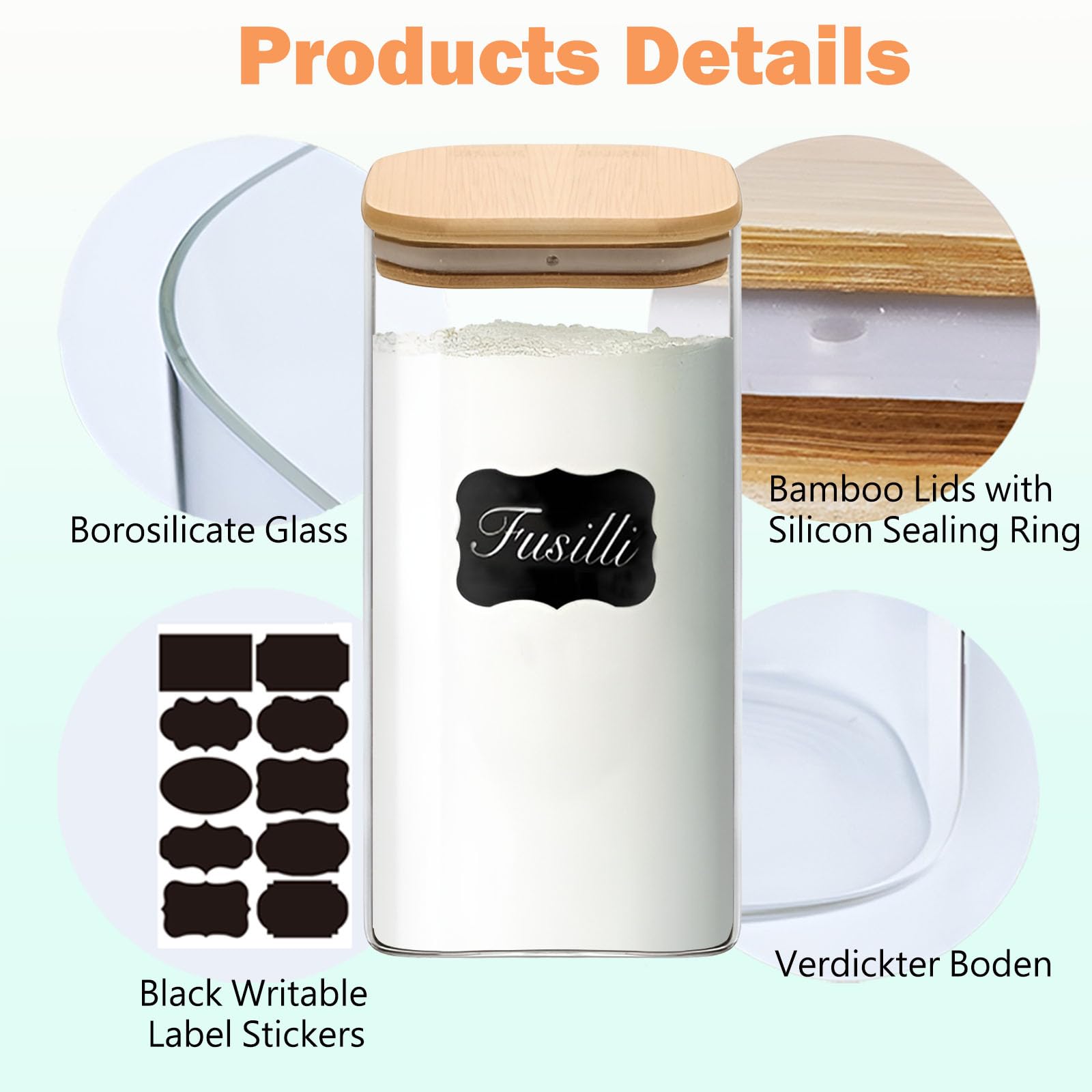VIEWELLD Frischhaltedosen mit luftdichten Bambusdeckeln 5er Set, Glasdosen mit luftdichten Deckeln, Glas Frischhaltedosen für Nudeln, Hafer, Kaffee, Mehl, Zucker, am besten für Küche, quadratisch