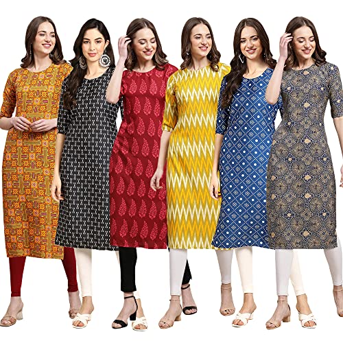 Image of Pinkmint Women's Crepe Digital Print Straight Kurta Pack of 6 [CR-336-370-344-343-328-366]