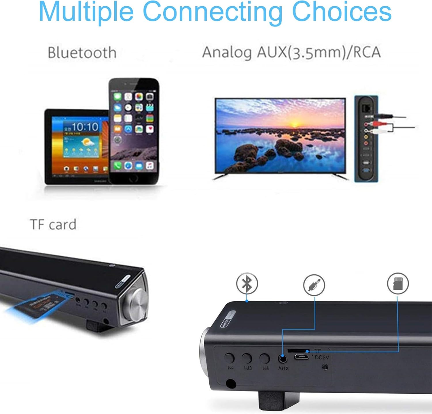 Diagram showing multiple connection options: Bluetooth, Analog AUX (3.5mm)/RCA, and TF card