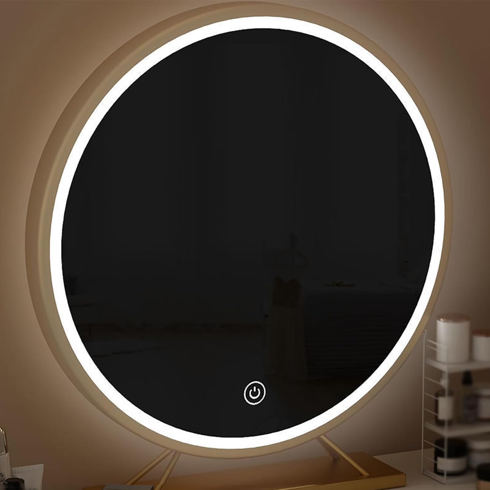 Okrągłe lusterko do makijażu LED z 3 ustawieniami kolorów, inteligentne lusterko kosmetyczne do sypialni, łazienki i salonu, złote 50 cm, idealne do pielęgnacji skóry i urody