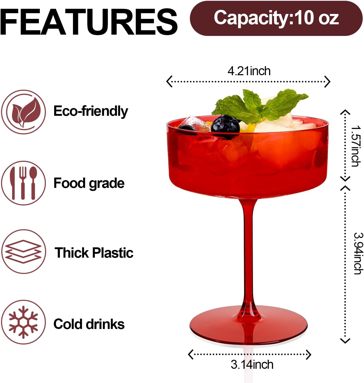 Ciaell 12PCS Plastic Martini Glasses - 10 Oz Red Disposable Coupe Glasses with Stem - Heavy Duty Margarita Cups for Bars, Cocktails, Whiskey, Parties & Wedding & Valentine's Day - Image 2