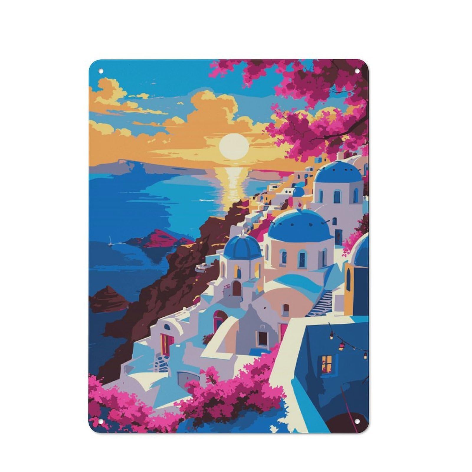 Junmoney Style-11 Tin Wall Plaque 40X30cm With Santorini Sunset Digital Art For Workshop Wall, With Clear Retro Wall Decor Character