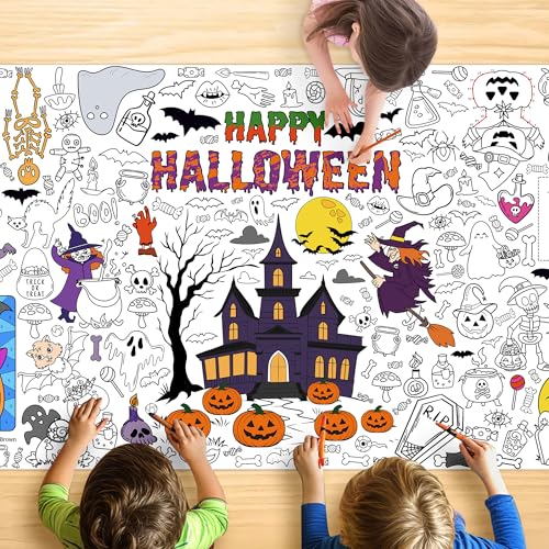 JOYGATHER Giant Halloween Coloring Tablecloth for Kids Large 30x72 Inch Poster with Haunted House Pumpkins Ghosts Bats Arts Crafts Games Indoor Activities for Halloween Party Classroom Fun
