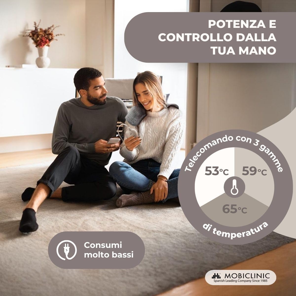 Mobiclinic, Cuscino riscaldato, Coperta riscaldata, 3 livelli di calore, Basso consumo energetico, Spegnimento automatico, Potenza 100w, Tappetino, Marchio spagnolo, Zona lombare, 40x30 cm