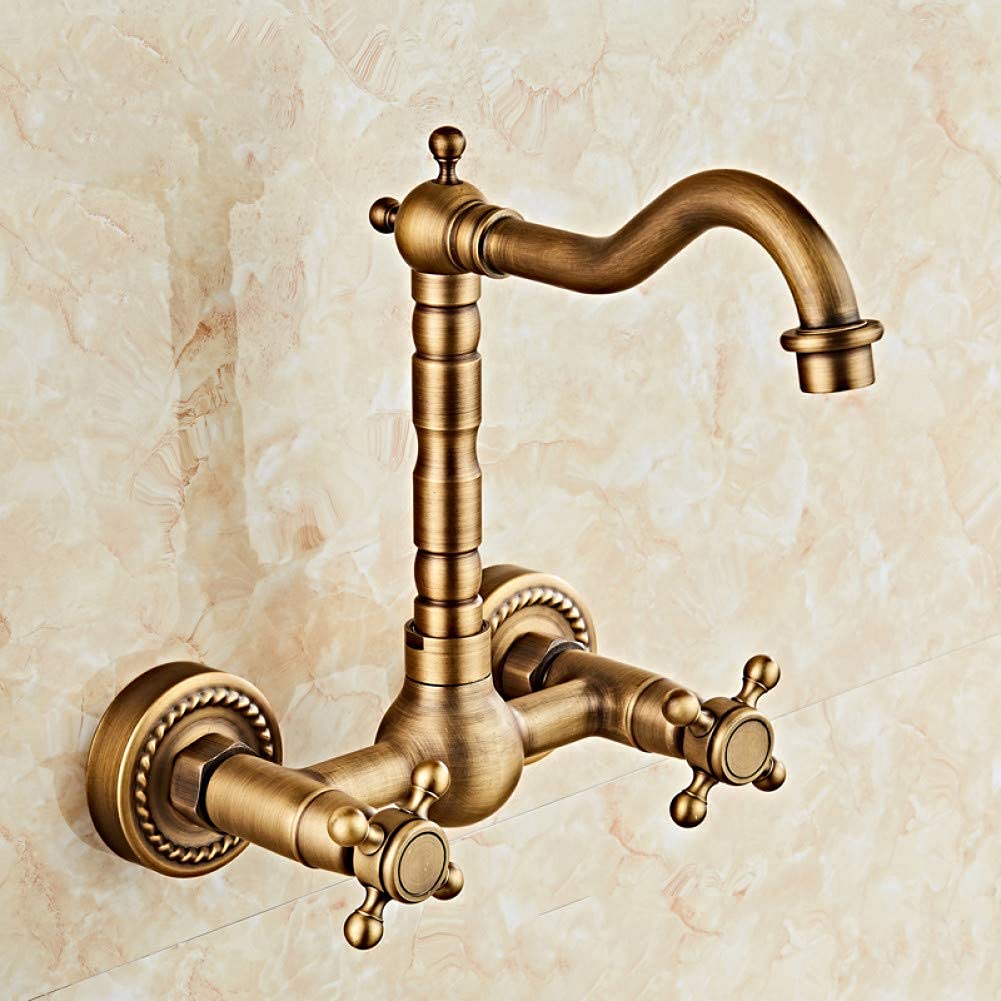 Mitigeur évier mural anti-calcaire double commande en laiton antique 8633f