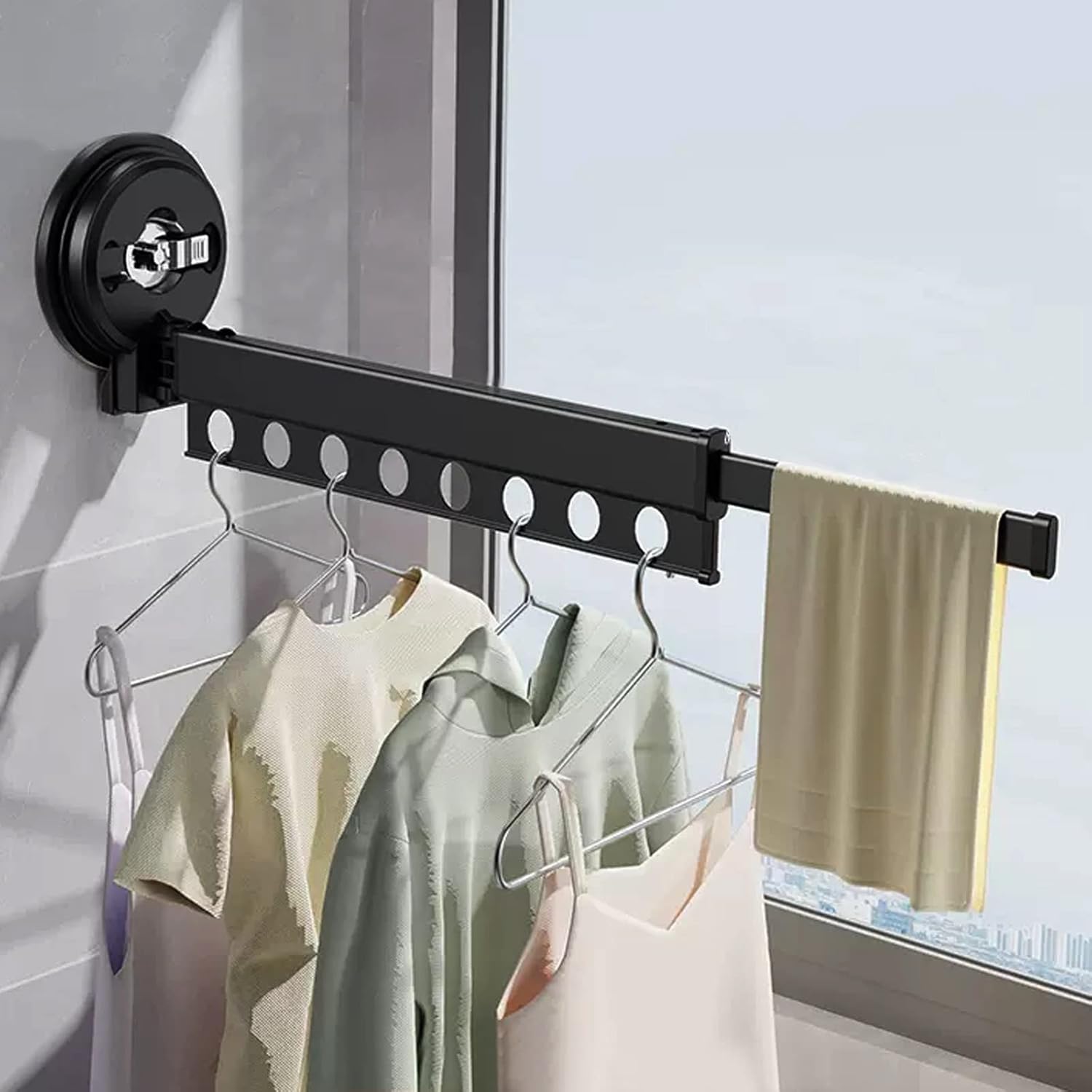 Foldable Portable Clothes Horse Airer - Space-Saving Drying Rack with Suction Cups, Wall-Mounted Design, Laundry Rack with Towel Bar, Extendable for Efficient Drying - Black