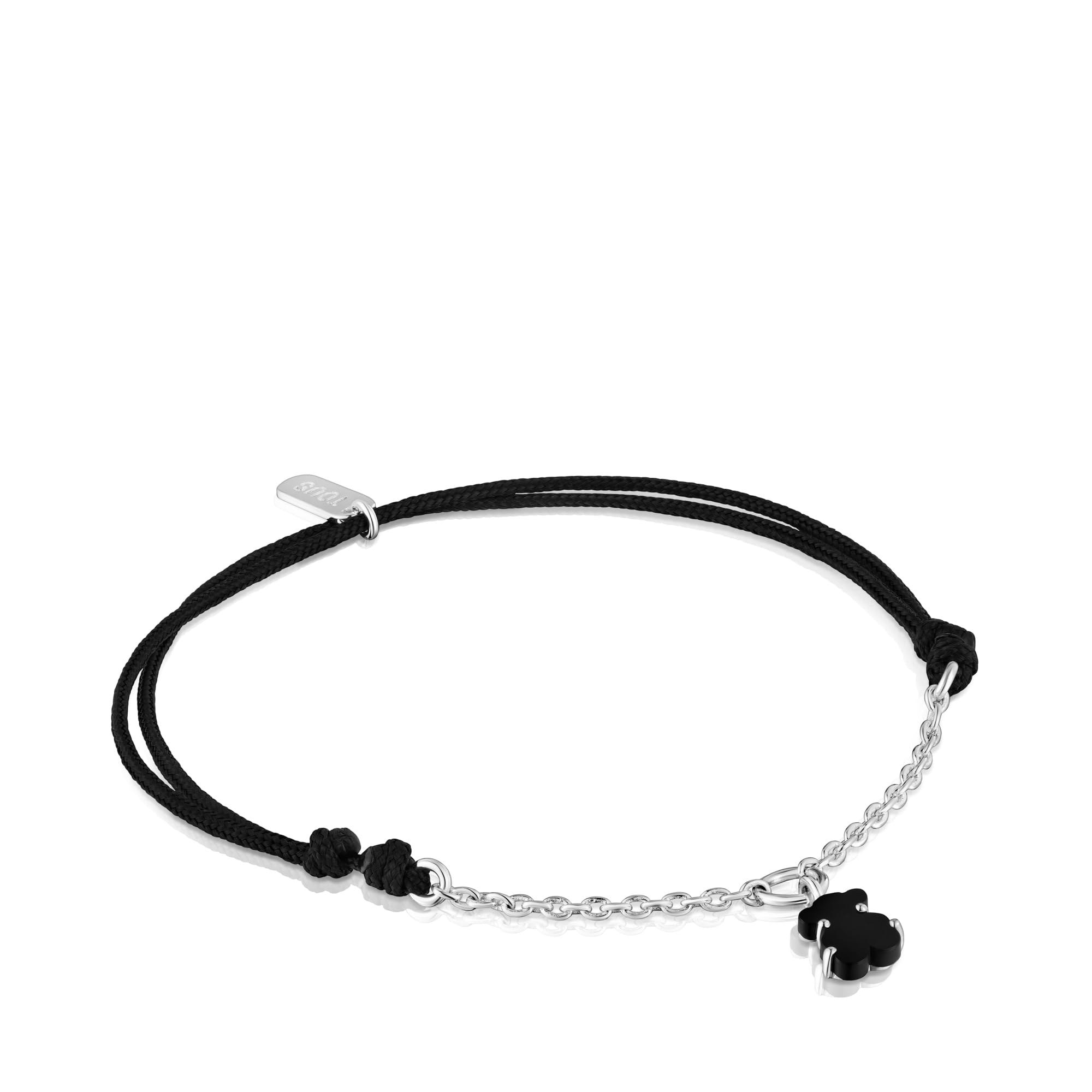 TOUS Pulsera de Plata de Primera Ley y Cordón con Motivo Oso en Ónix para Mujer, 16cm de Largo, Colección Mini Color