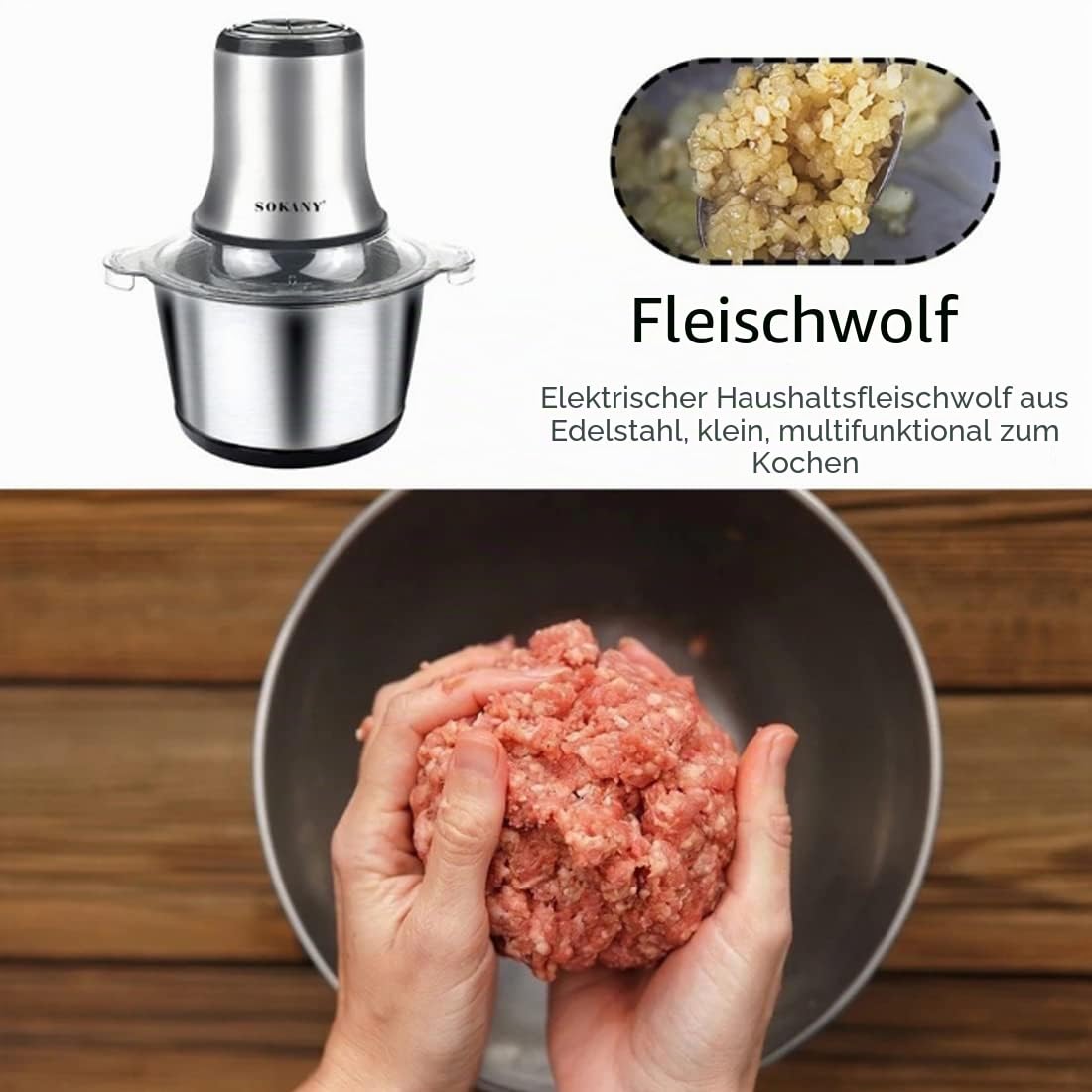 SOKANY 800W Zerkleinerer Küche Elektrisch mit 3L Edelstahlschüssel, Multizerkleinerer mit 2 Geschwindigkeitsstufen, Fleischwolf mit 4 Klingen für Fleisch, Zwiebeln, Obst, Gemüse