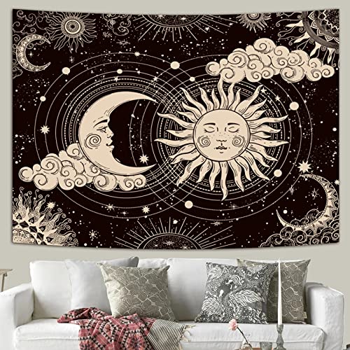 Wonrizon Sun And Moon Tapestry, Aesthetic Black Dark Spiritual Tapestries Mystic Burning Sun With Clouds Star Wall Hanging Decor For Bedroom thumb #3