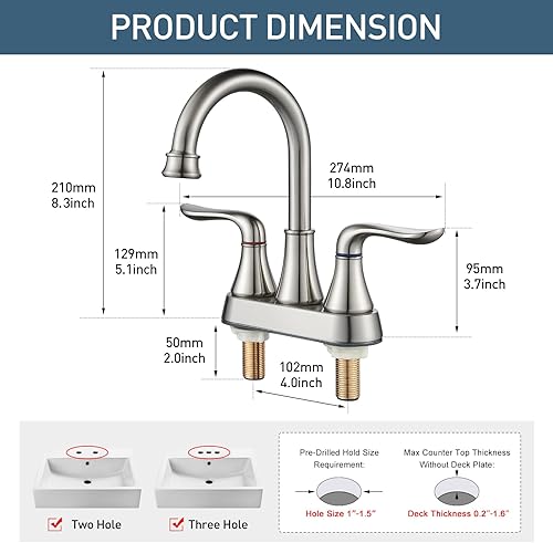 Miniatura 4 de Grifo de lavabo de baño de 4 pulgadas, 2 asas, juego central, grifo de baño de níquel cepillado con drenaje emergente y manguera de suministro