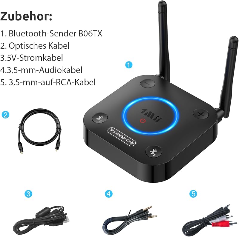 Transmițător Bluetooth 5.3 1Mii B06TX pentru TV, aptX HD, latență scăzută, pentru 2 căști sau difuzoare, 3.5 AUX, optic, coaxial, cu control al volumului