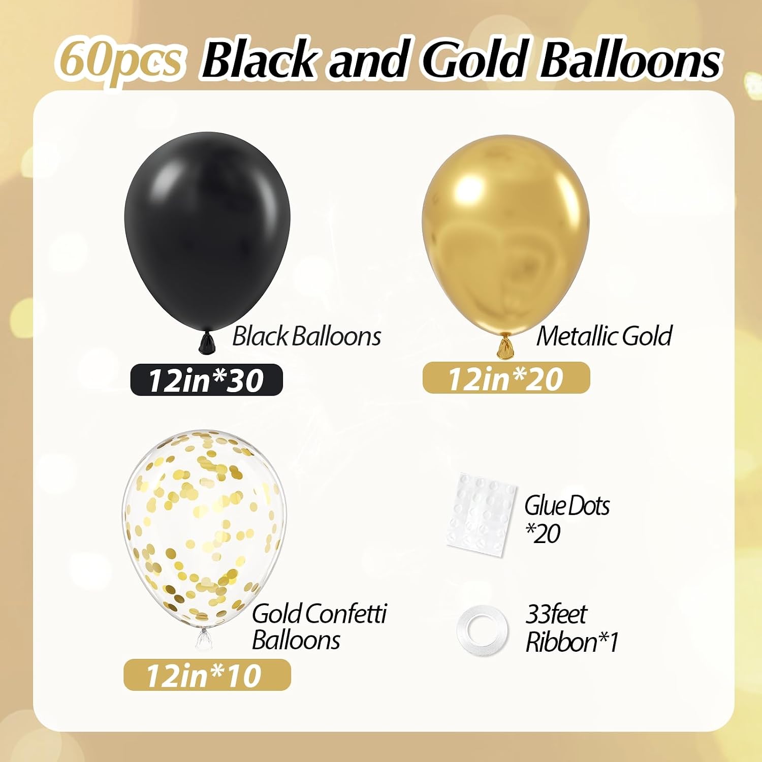 Condition photo showing New/Like New for black and gold balloons, 60pcs 12inch black metallic gold confetti balloons for graduation 2025 anniversary birthday party decorations black gold