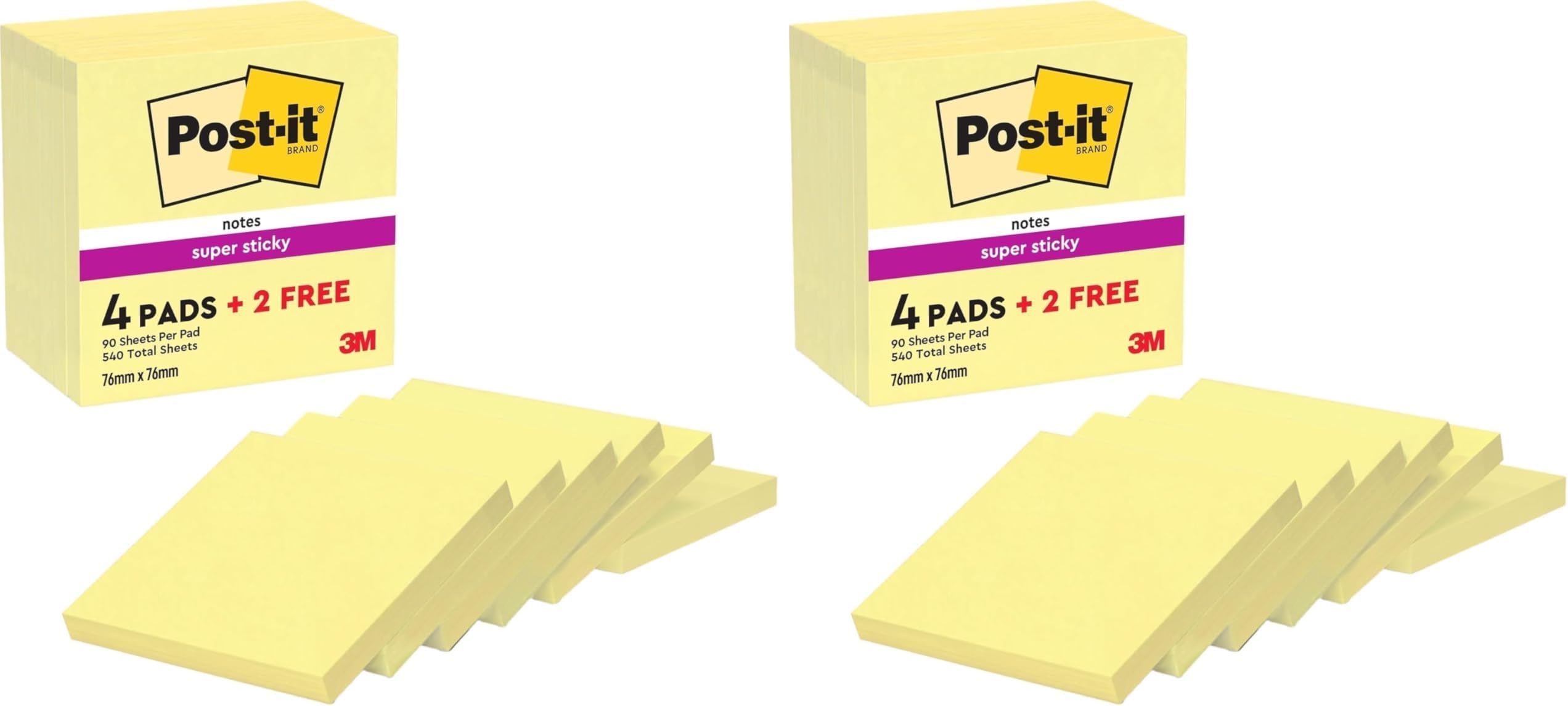Post-it Super Sticky Notes, Canary Yellow, 76 mm x 76 mm, 90 Sheets/Pad, 4 + 2 Free Pads/Pack, 654-SSCY-P4+2 (Pack of 2)