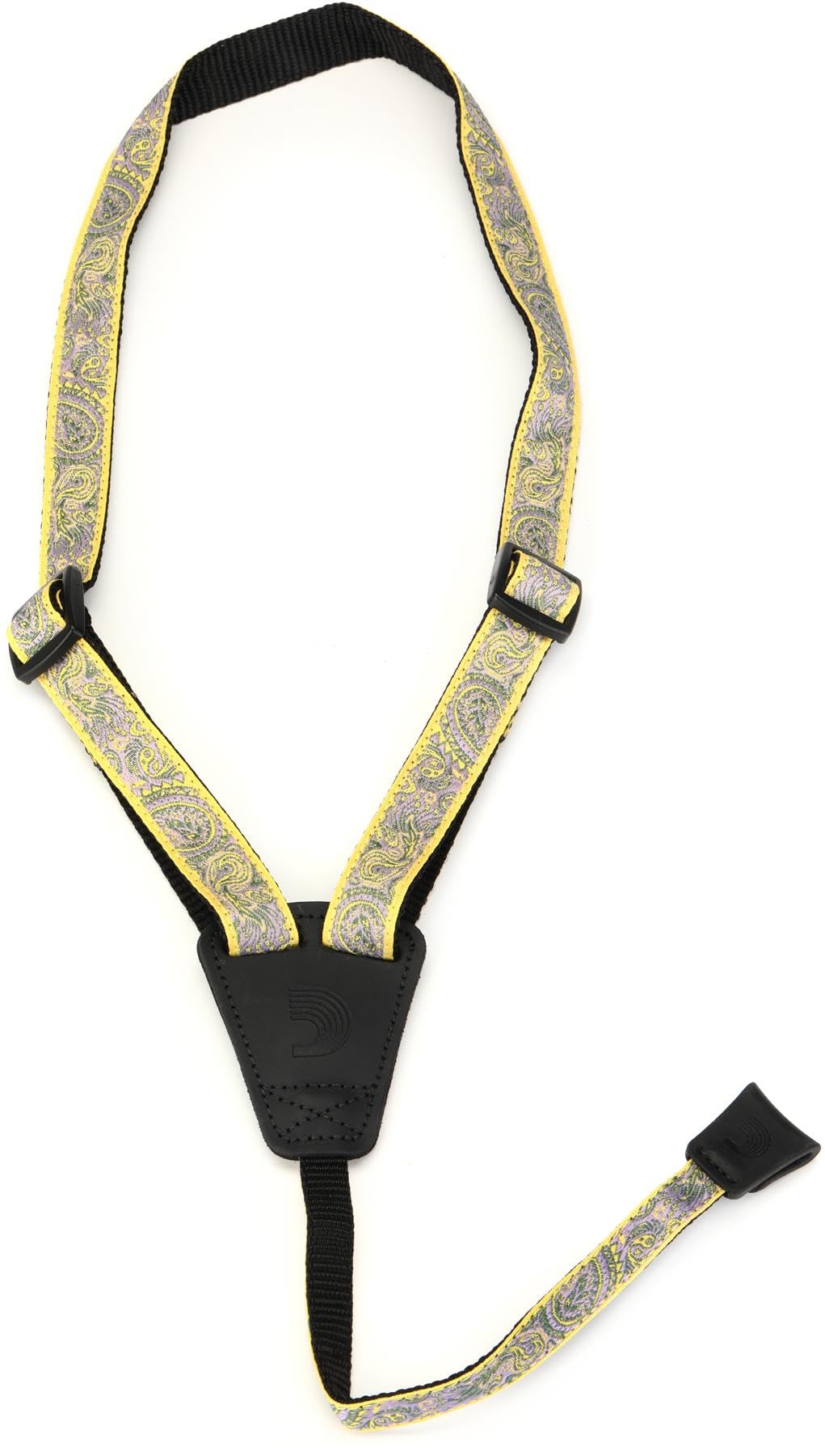 D'Addario Cradle Ukulele Strap - Ukulele Straps with Rubber Hook - Ukulele Strap No Drill - Paisley, Yellow/Purple
