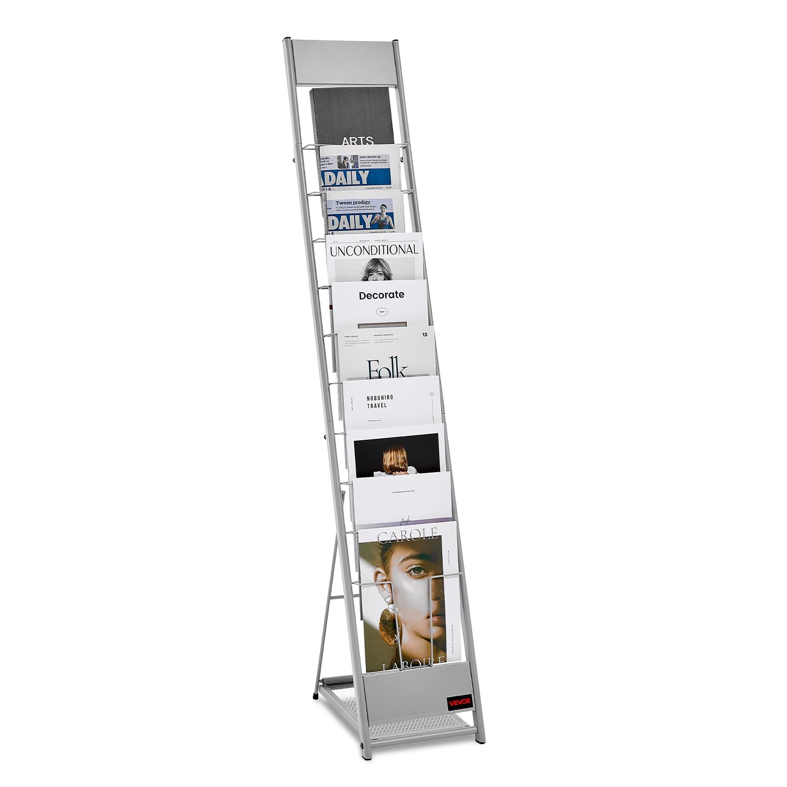 Brochure Display Rack, 10 Pockets Magazine Literature Display Stand, Portable Floor Standing Magazine Rack, Metal Newspaper Catalog Holders for Shop, Exhibitions, Office, Trade Show, Silver