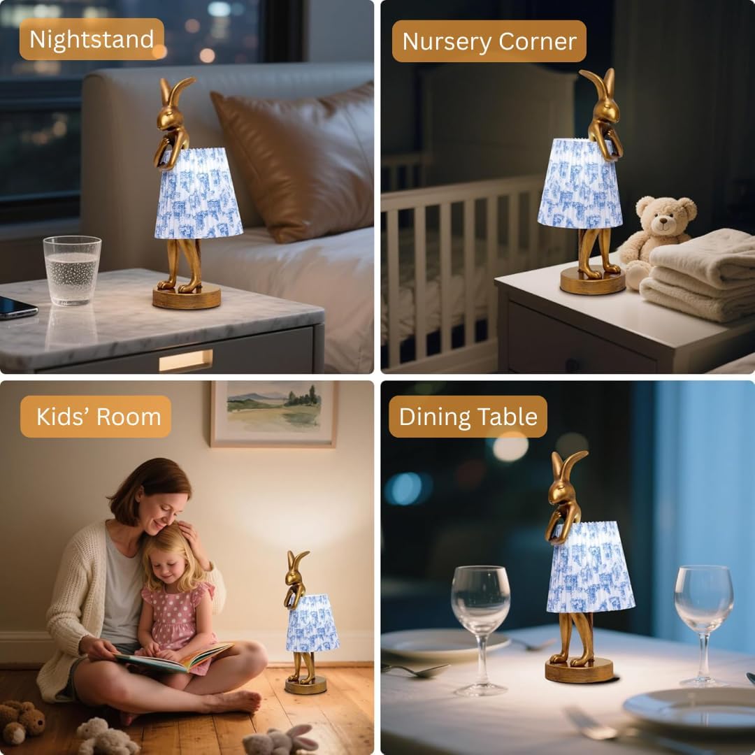 Rabbit Table Lamp Rechargeable, Cordless LED with Linen Shade and Gold Resin Base, Touch Dimmable Wireless Lamp for Bedroom Nightstand Kids Room Nursery Living Room - Pattern