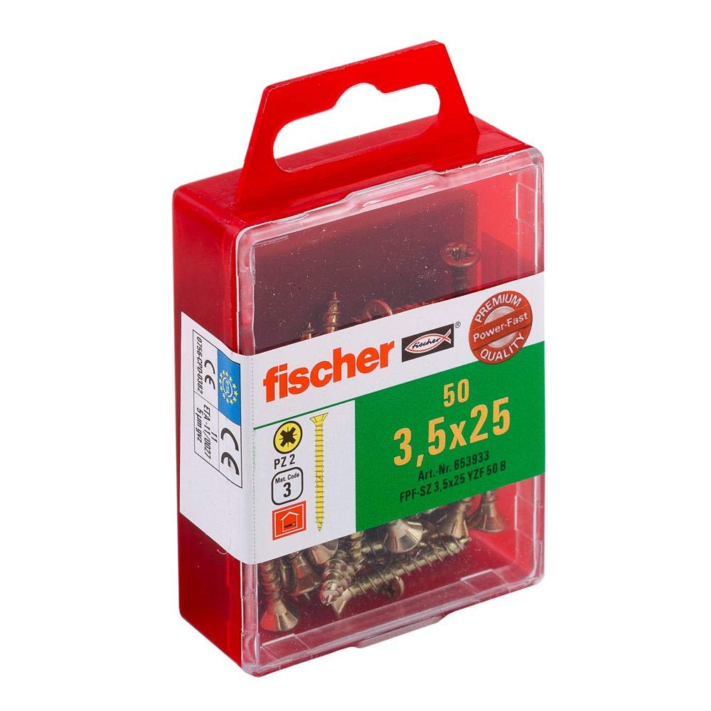 Fischer 653933 3.5 x 25 mm VG PZ Zinc Plated "Power-Fast" Countersunk Head-Screw - Yellow (50-Piece)