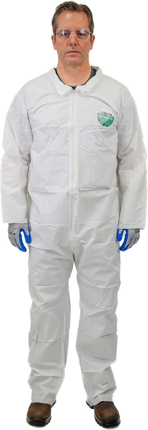 Lakeland MicroMax NS Disposable Coverall with Collar and Full Zipper Closure, Elastic Wrists, Elastic Ankles, White