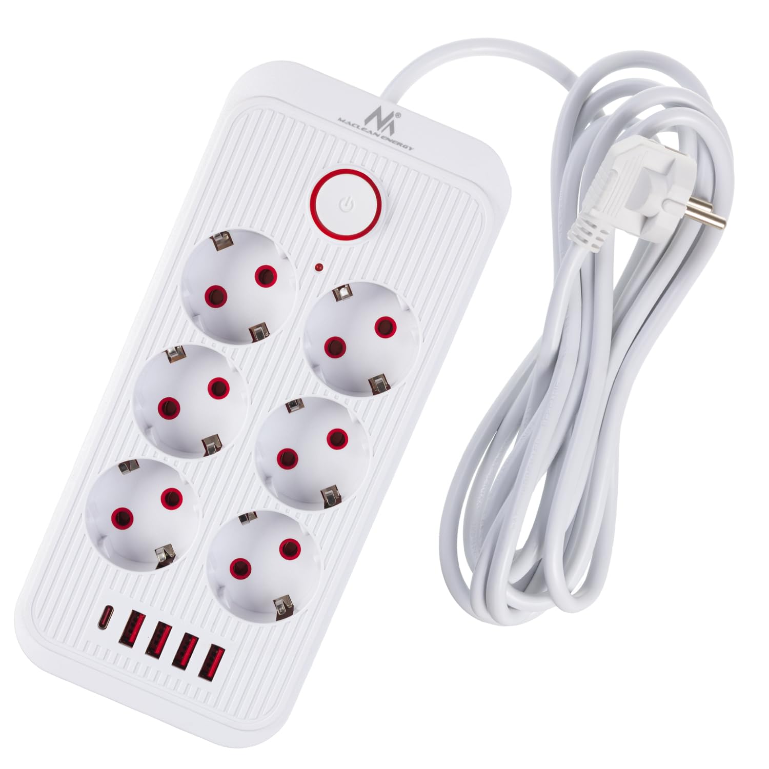 Maclean MCE389/391 Listwa zasilająca | 6 gniazdek 4xUSB 1xUSB-C 2500 W | przedłużacz biurkowy z wyłącznikiem | porty pod kątem 45° | montaż na ścianie (Biały, 6 gniazd + 4xUSB / 3m)
