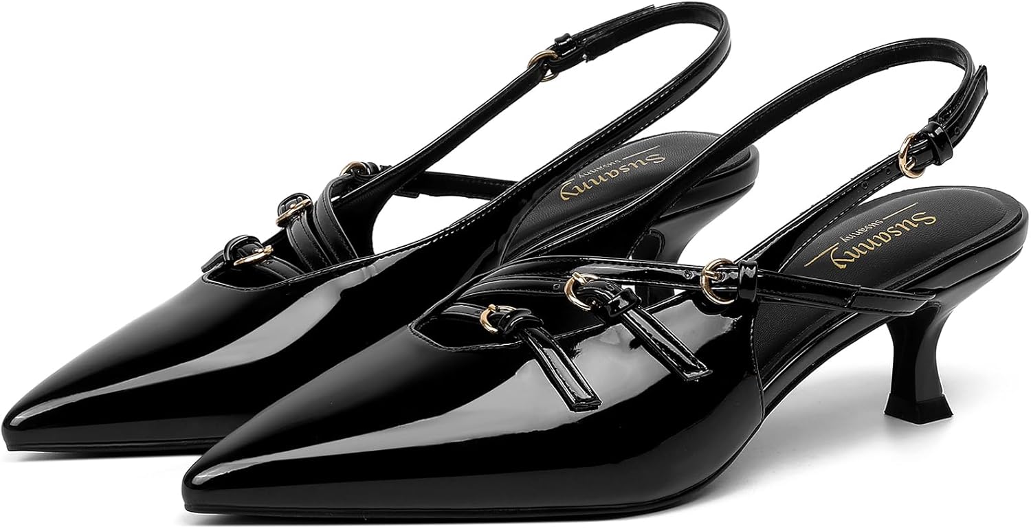 Susanny Burgundy Patent Slingback Kitten Heels for Women Closed Pointed Toe Strappy Dress Pumps Comfortable Stiletto Low Heels Sexy Buckle Strap Dressy Slip On Shoes for Wedding Bridal Work