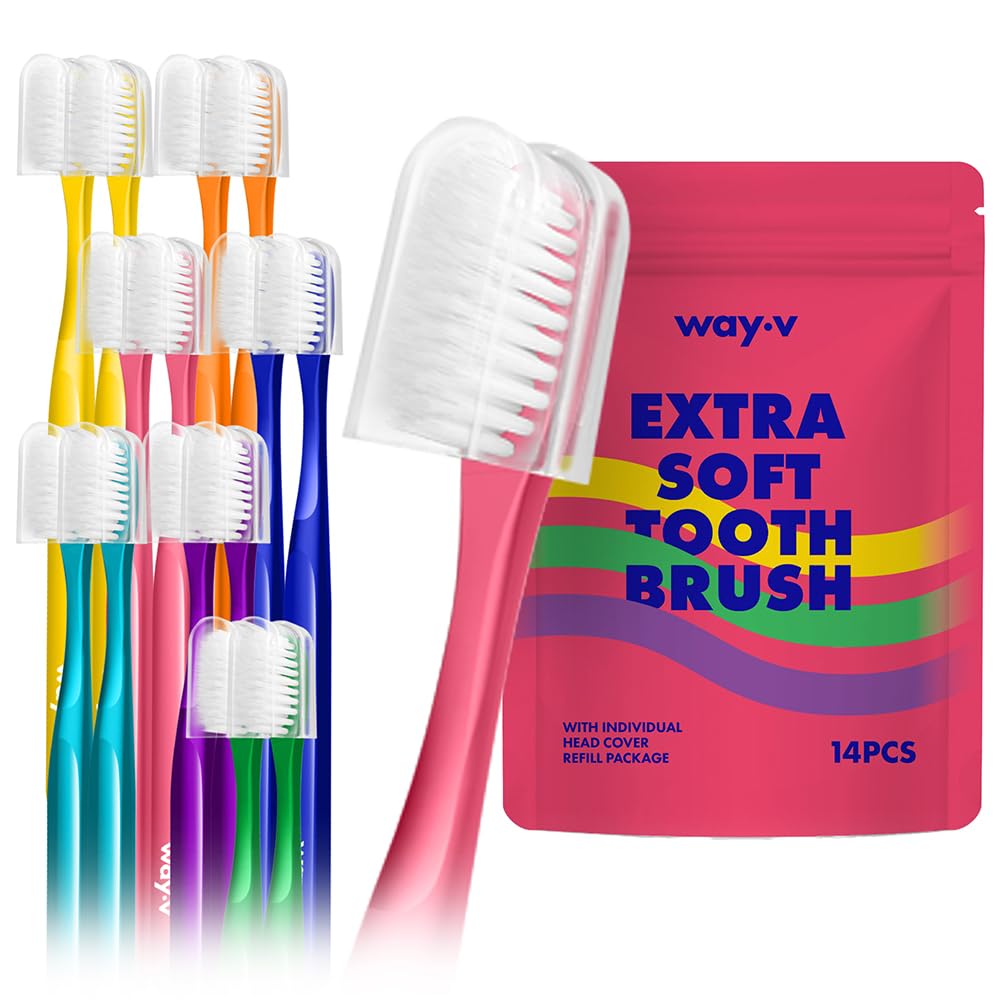 Way.V - Cepillo de dientes extra suave, paquete de 7 unidades para encías y dientes sensibles, 3000 cepillos de cerdas ultra suaves con cubiertas higiénicas para la cabeza, recomendado por dentistas
