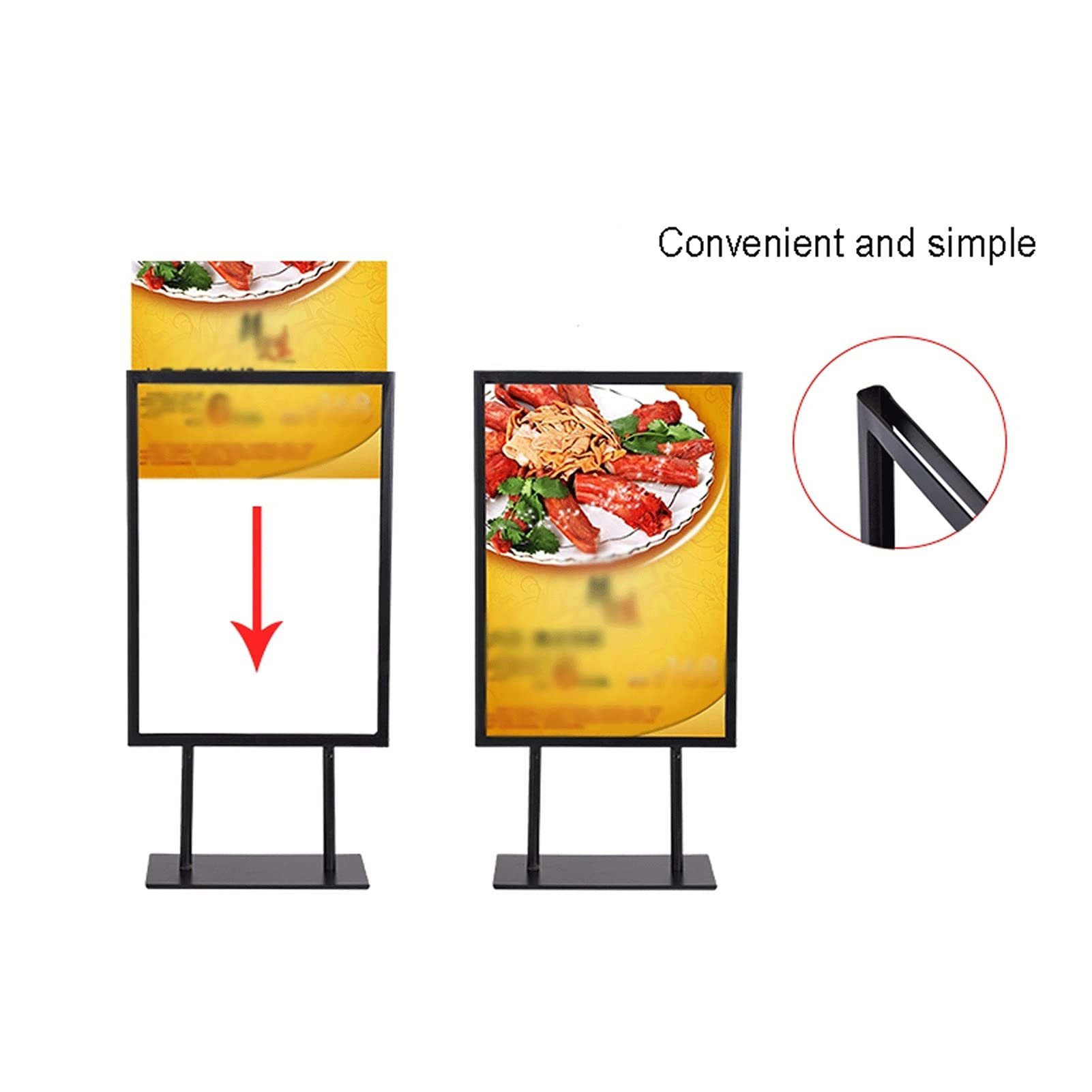 Restaurantes Soporte de pantalla Soporte de signo de pedestal 8,5 x 11 pulgadas Piso de pie Poster Soporte de signo de acero recubierto de acero negro Tableros de carteles verticales y horizontales So