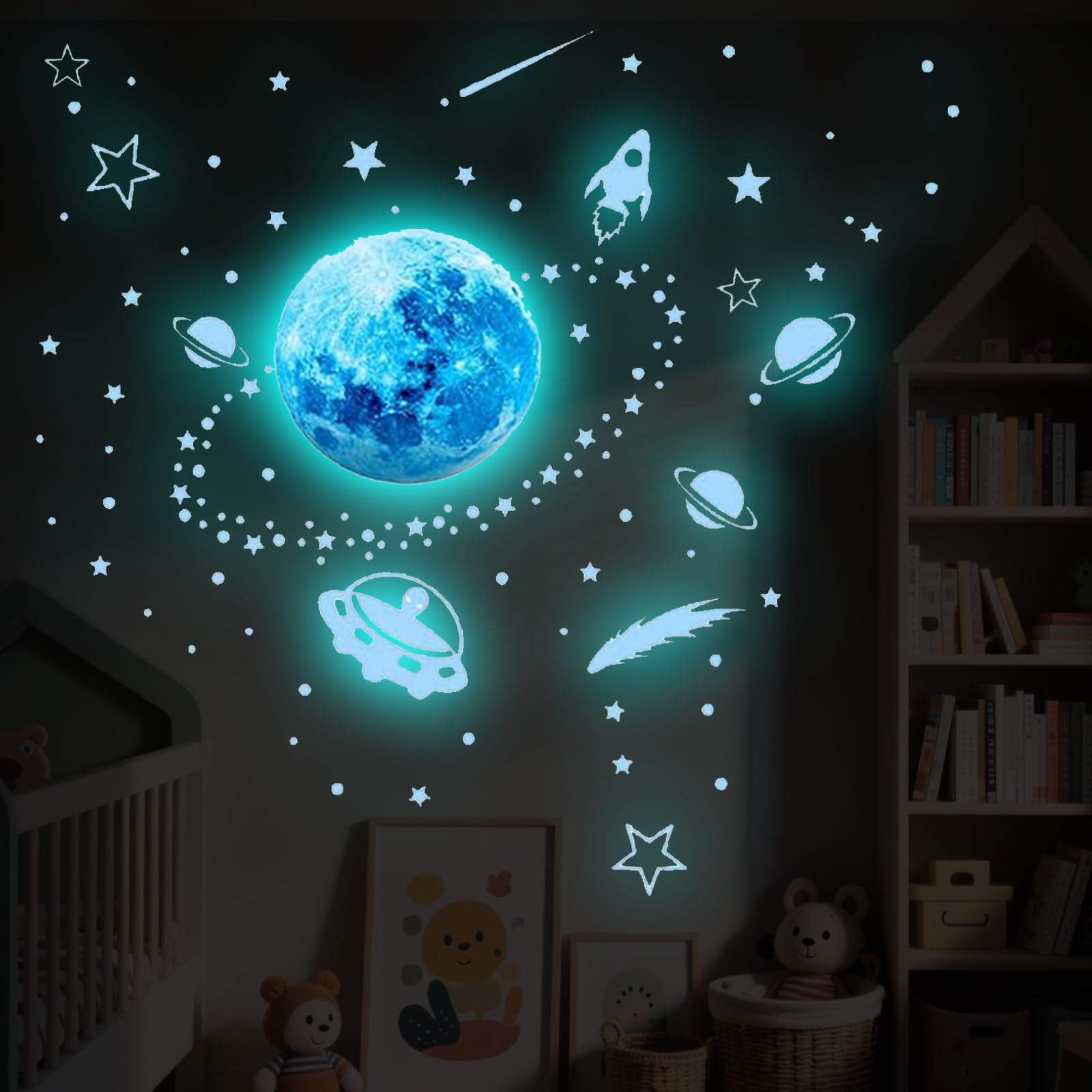 Glow in The Dark Stars Stickers,Moon,Stars and Astronaut Space Wall Stickers Blue Wall Stickers for Boys Kids Bedroom Accessories Decoration Blue