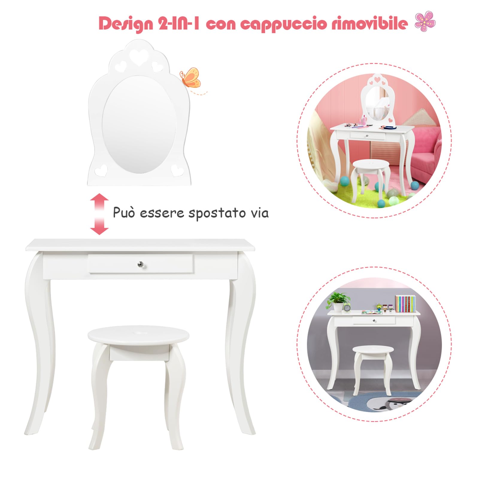 COSTWAY 2 in 1 Toeletta Trucco per Bambina 3+ Anni, Postazione Trucco Bambina con Specchio ad Alta Definizione Rimovibile, Set in Legno con Sgabello, Cassetto e Dispositivo Anti-ribaltamento (BIANCO)