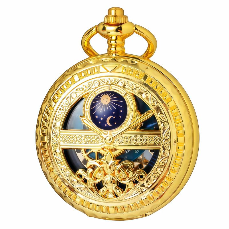 Hollow Moon Mechanical Pocket Watch Gold Necklace Pendant Gift for Men, Men's Moon Phase Mechanical Pocket Watch Roman Digital Dial with Chain-image-7