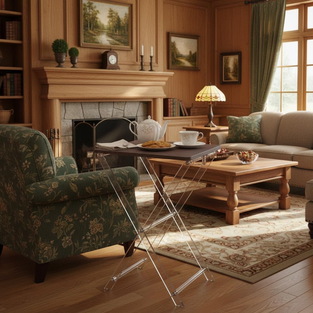 Folding TV Tray Table with Wooden Top, Acrylic Large Folding TV Tray Table Deep Walnut Foldable Small Desk Space-Saving Side Table for Living Room, Bedroom, Kitchen, Snack & Serving Table