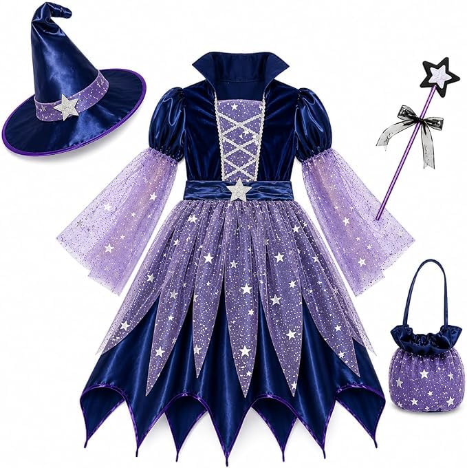 Halloween Witch Costume for Kids Girls Witches Dress Cosplay Witch Outfits with Hat Wand and Candy Bag Aged 4 to 15 Years