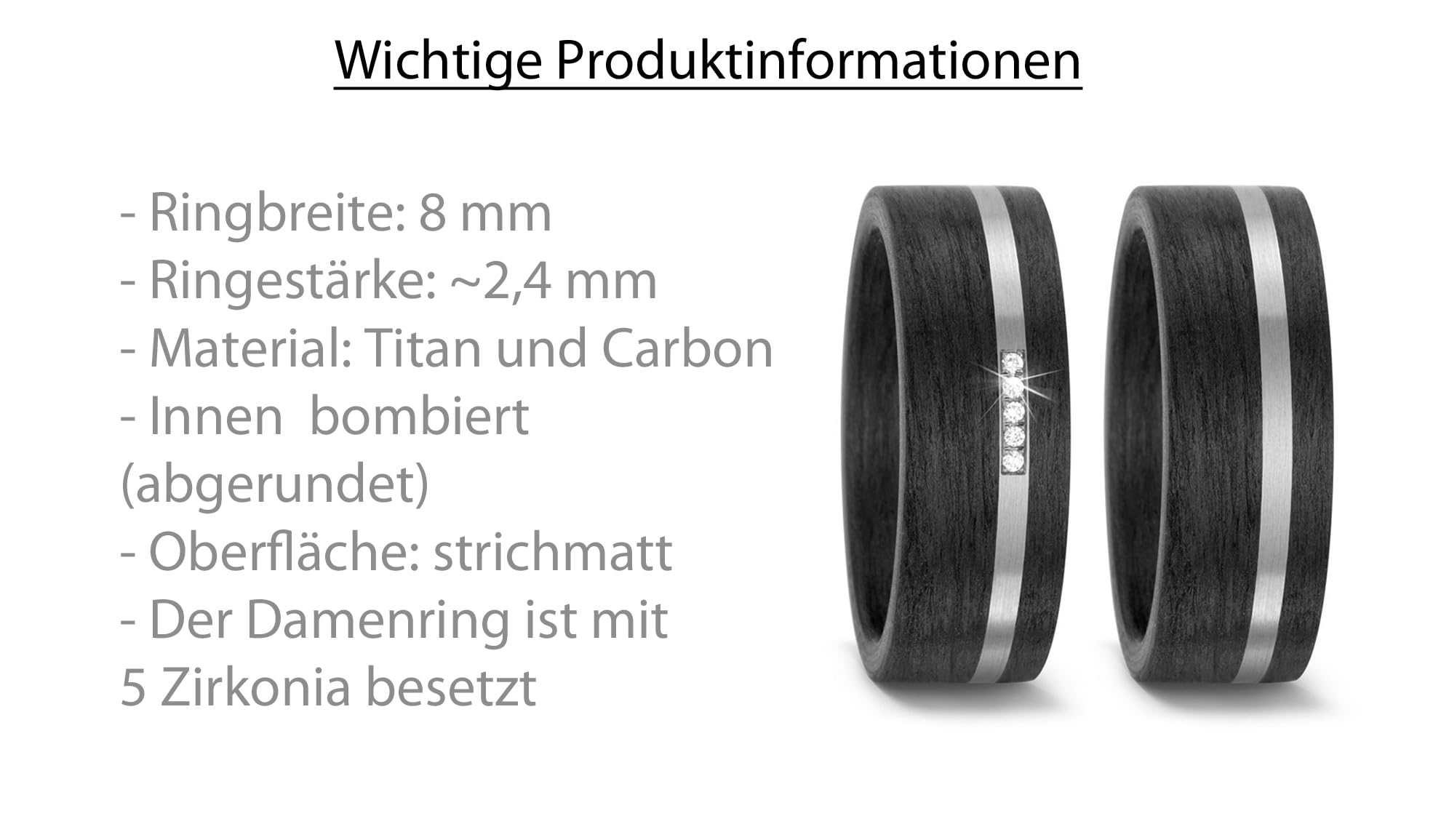 Blue Moon Diamonds Paar Eheringe Trauringe, Titan Carbonringe mit Zikonia, Partnerringe, Antragsringe, Hochzeitsring (Gravur/Etui) | 3956