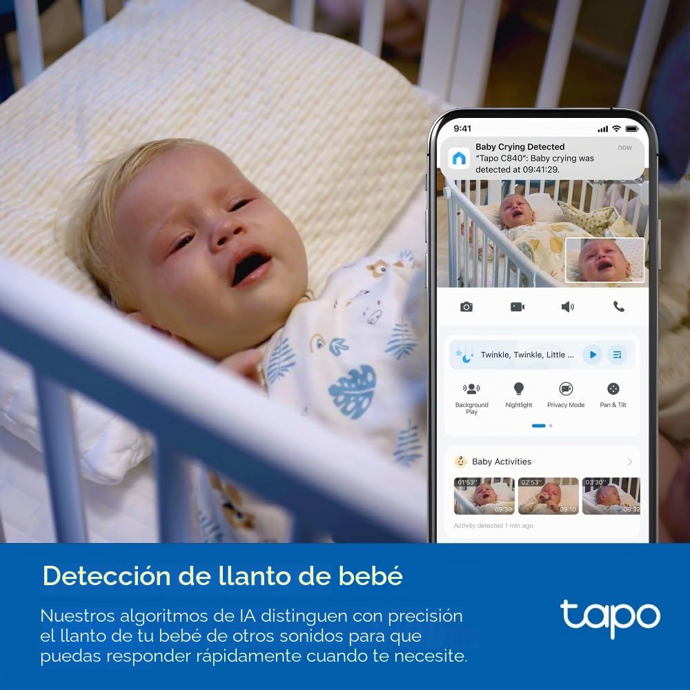 Tapo Monitor de bebé C840 2K 4MP de Doble Lente, cámara de Seguridad de Seguimiento de bebés de 360°, visión Nocturna HD, detección de Inteligencia Artificial, cámaras de Seguridad para Interiores