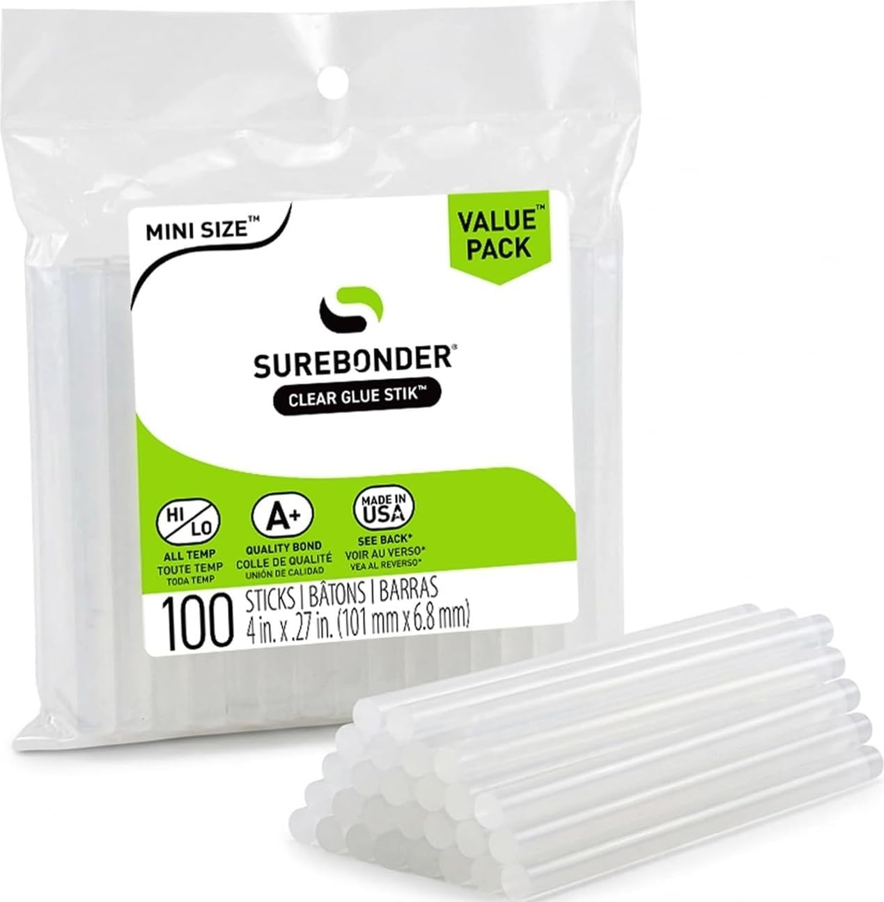 Surebonder Clear, All Purpose, All Temp., Mini Size Hot Glue Sticks 0.27 in. Diameter, 4 in. Length -100 Pack