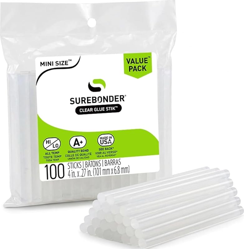 Surebonder transparente, multiusos, para todas las temperaturas, barras de pegamento caliente de tamaño mini, 0,27 pulgadas de diámetro, 4 pulgadas de longitud, paquete de 100