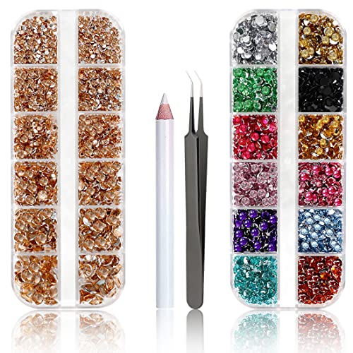 2 Box Flatback Rhinestones About 4510 Pcs Colorful Rhinestones for Nails,with Wax Pen and Tweezer Rinestones for Face Eyes Makeup Gems Rhinestone for Nails Crafts Set (Colorful +Rose Gold）
