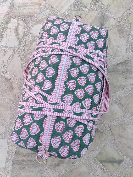 Hand Block Print Cotton Quilted Duffle Bag, Handmade Weekender Bag Decorative Colorful Travel Overnight Bag, Large Size Indian Floral Print Quilted Bags Gift For Her2