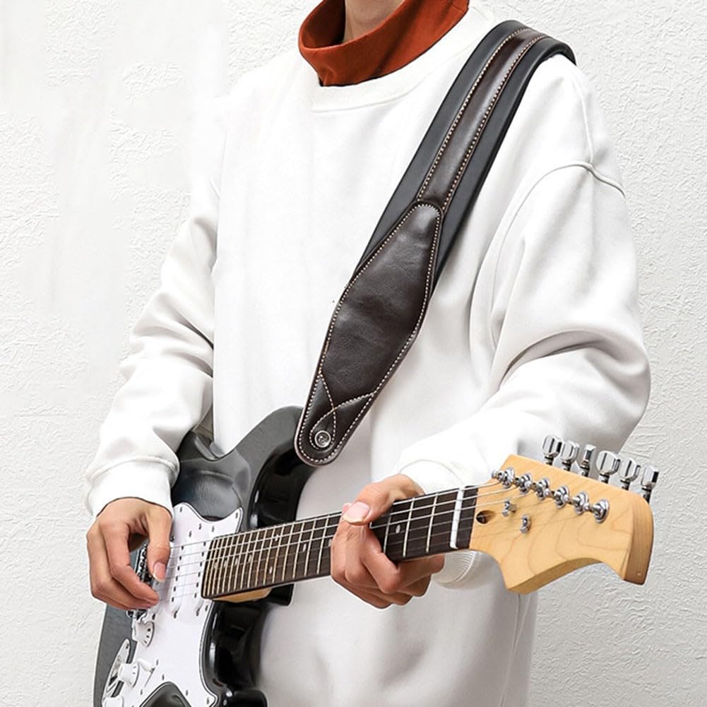 Cómoda correa de cuero para guitarra acústica y bajo eléctrico, longitud ajustable, diseño clásico (negro)