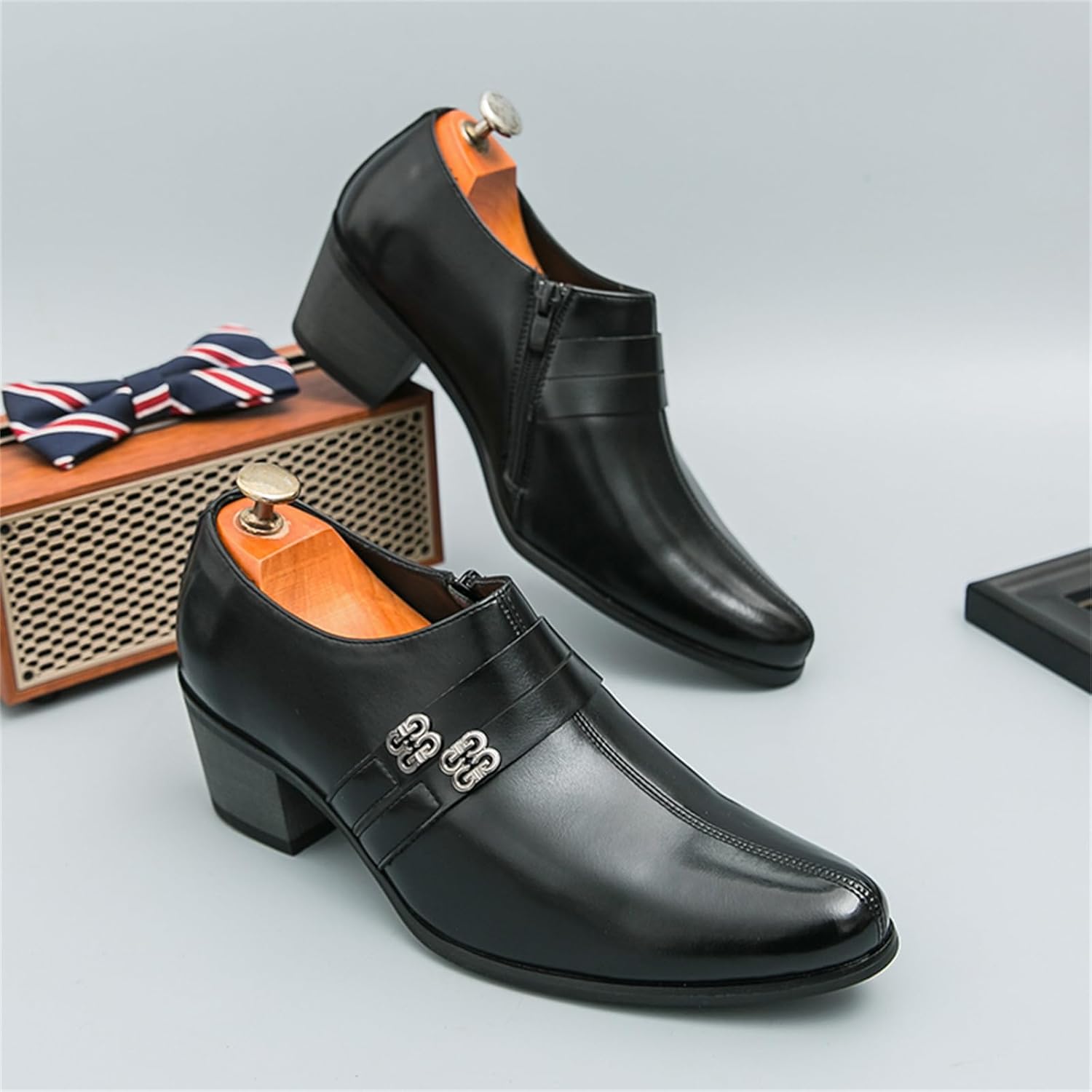 Men's Black Genuine Leather Slip On Dress Loafers with Metal Buckle Medium Chunky Block Heel Pointed Toe Comfortable Shoes for Formal Business Office Work Party Wedding