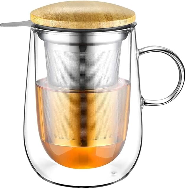 Glastal 430ml Double Wall Glass Teacup with Stainless Steel Strainer Tea Glass Tea Cup Borosilicate Glass Cup